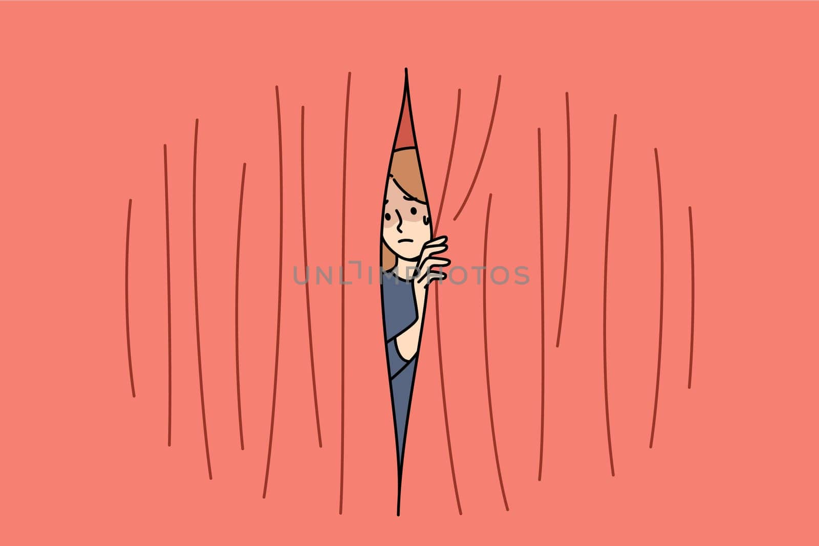 Woman experiences phobia of public speaking and looks out from behind scenes of theater to observe audience. Problem of developing phobia in girl victim of misogyny and gender discrimination at work