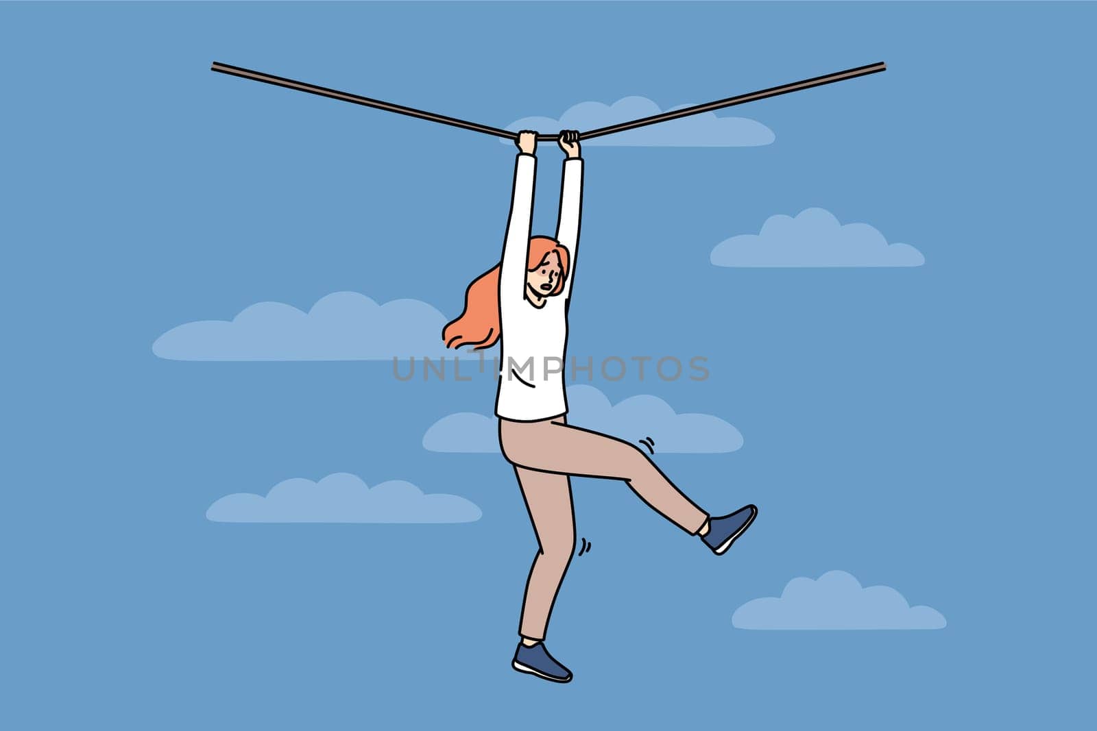 Frightened woman faces risk and danger as she navigates way along rope suspended high in sky. Young girl experiences fear and horror but fights challenge on path to success despite risk