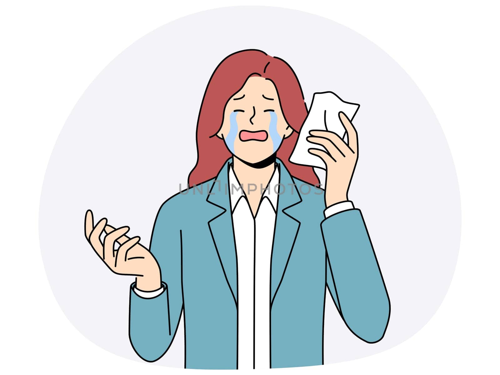 Upset woman crying wiping tears with paper napkin after business went bankrupt due to financial crisis. Sad businesswoman crying and needing support to solve psychological problems