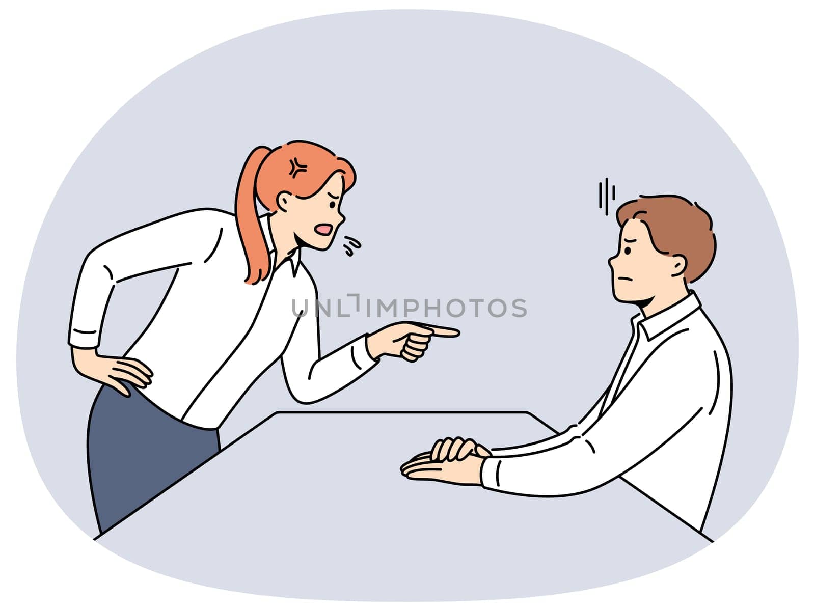 Angry woman manager scolding subordinate yelling at man who made mistake or violated deadline. Aggressive girl manager arguing with colleague sorting things out and insulting for lack of results