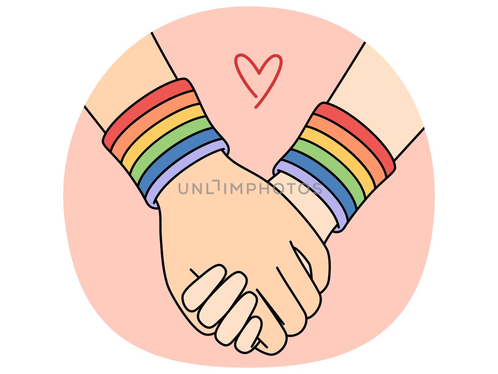 Holding hands with LGBT bracelets symbolizing love between gays or lesbians or tolerance towards LGBTQ community. Concept of sexual freedom and protection of rights of LGBT people in month of pride