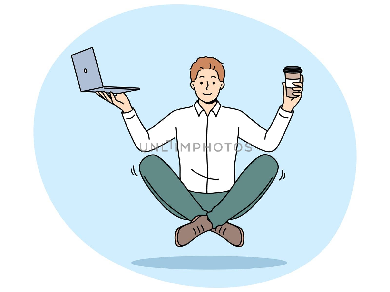Meditating business man with laptop and coffee, floating in air sitting in lotus position. Businessman enjoys work and recommends meditation or yoga to increase productivity in business tasks