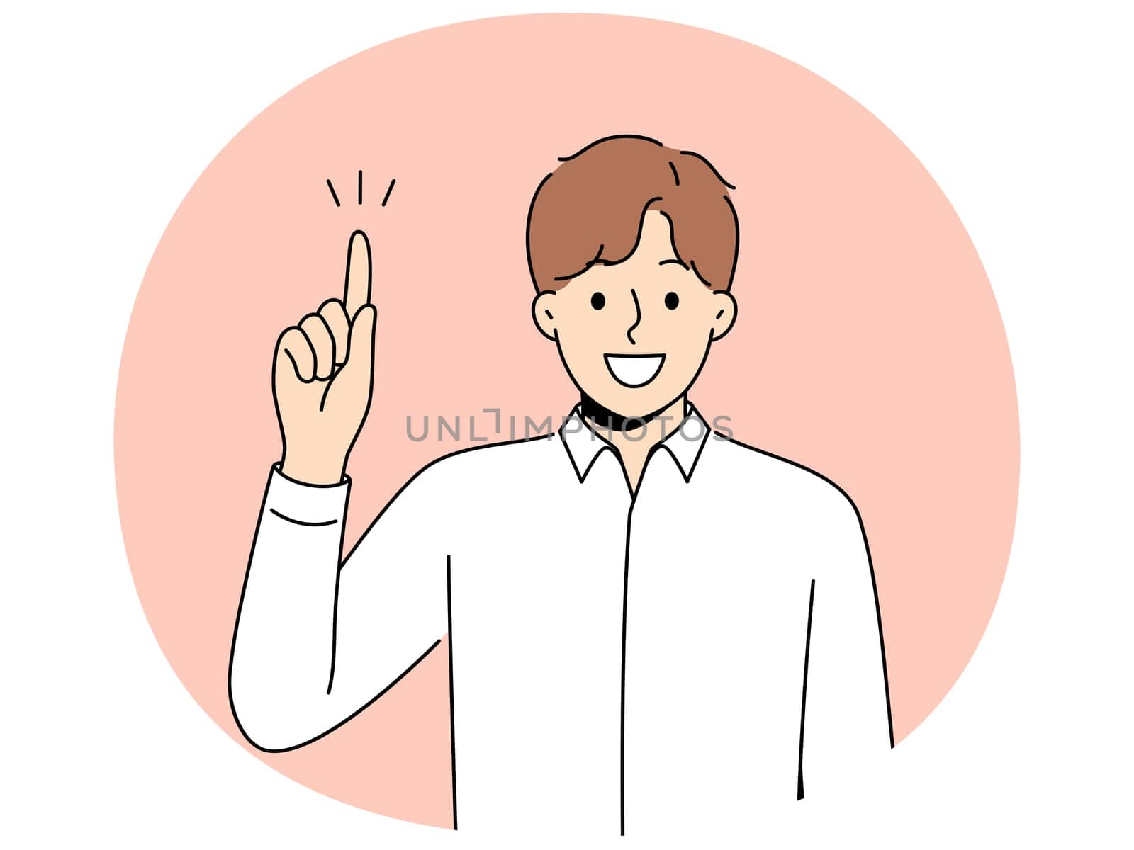 Man raises finger and says there is idea or advice to solve difficult problem. Smiling guy in white shirt points up and looking at screen, sharing brilliant idea for success or career growth