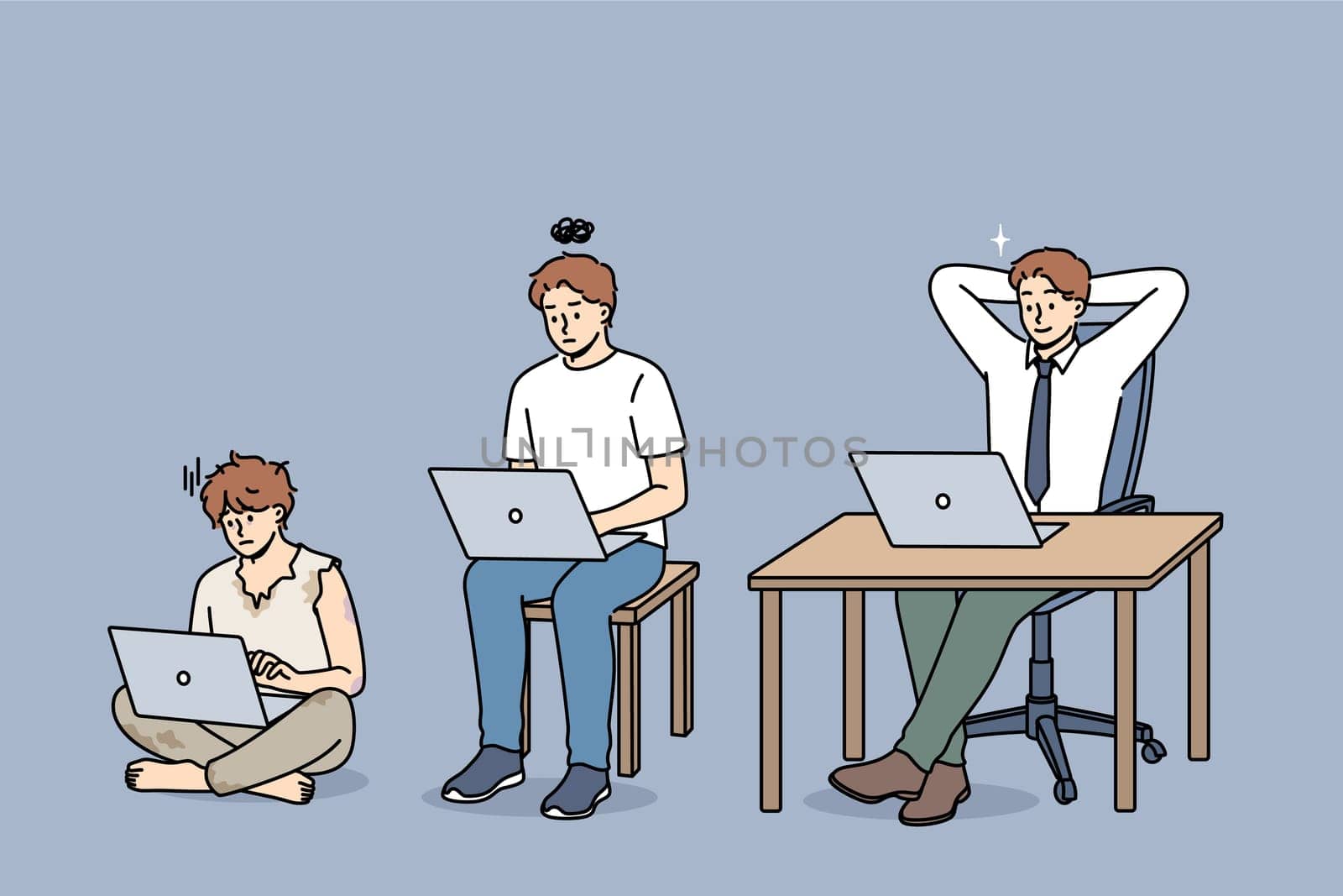 Evolution of man office clerk using laptop, gradually turning into successful manager. Primitive man with computer work hard and become happy office worker thanks to ambition and motivation