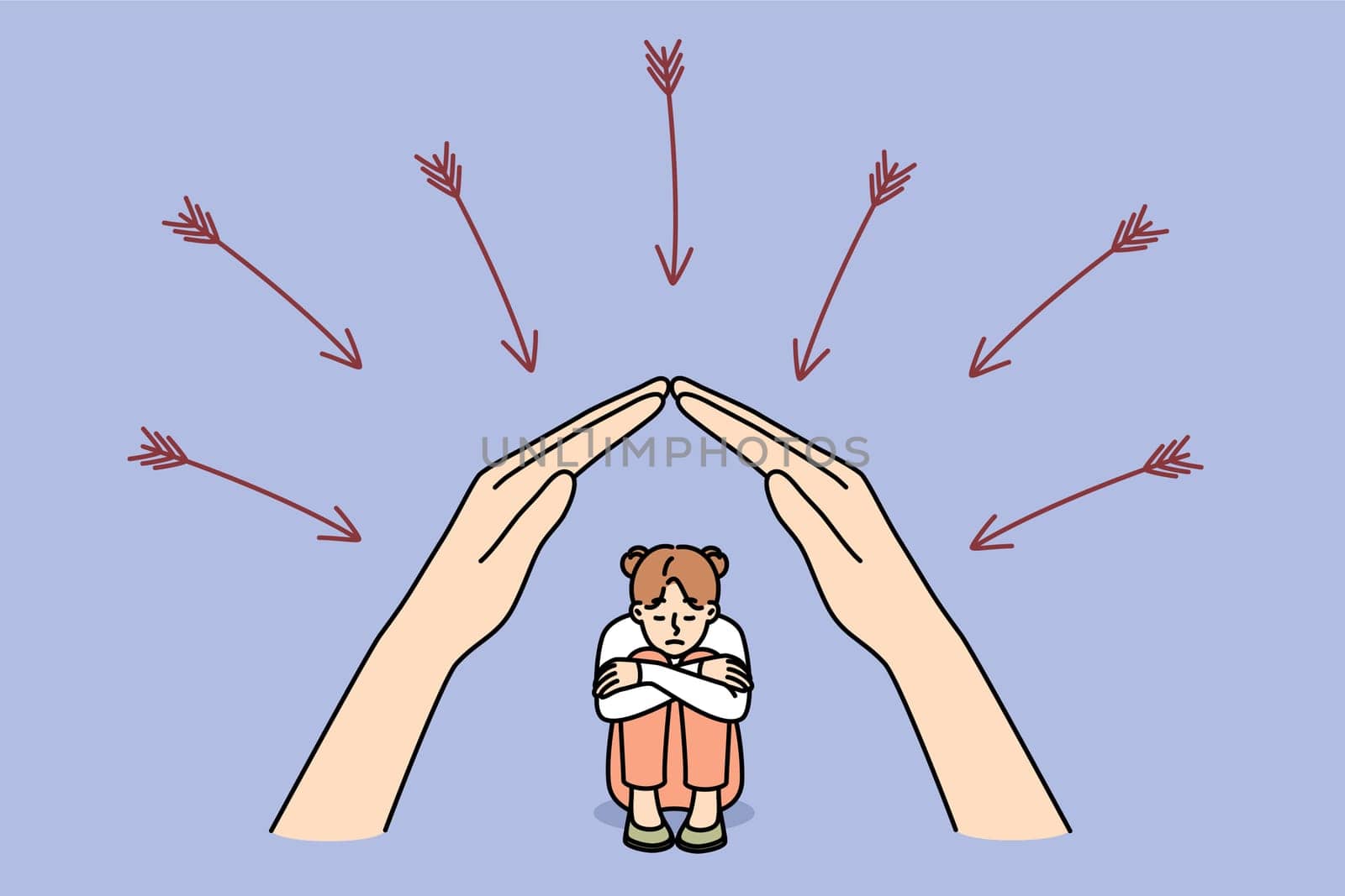 Mother hands protect little daughter from dangers and arrows, for concept of maternal philanthropy. Maternal care for children and readiness for self-sacrifice in process of education