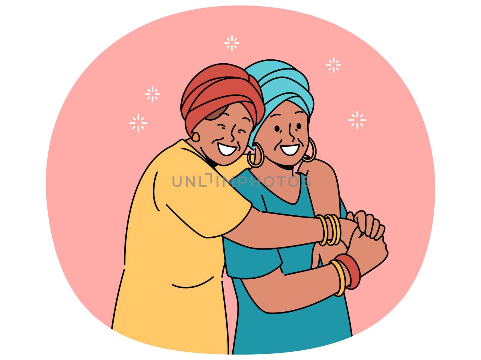 Happy adult mother and daughter in national african clothes embrace together, rejoicing at meeting. Mature woman hugging elderly mother, feeling gratitude and recognition for good upbringing