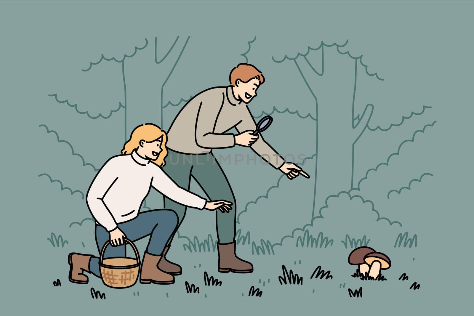 Man and woman are searching for mushrooms in forest using wicker basket and magnifying glass. Guy and girl collect mushrooms in national natural park, after harvest season or rainy weather