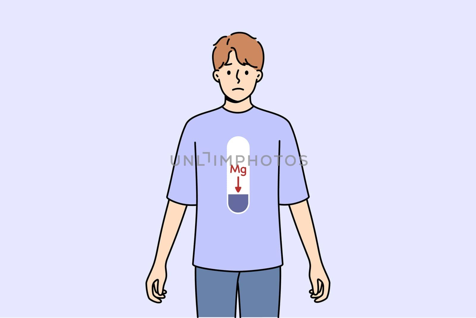 Magnesium deficiency in body of man with MG scale on stomach, and negative emotions on face. Problem of magnesium deficiency negatively affects health of bones and teeth or cardiovascular system