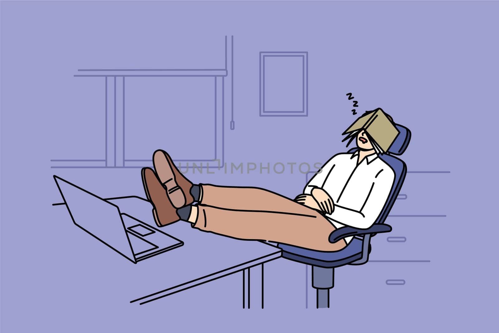 Man sleeps sitting in office and with legs on table, covering face with diary, demonstrating laziness. Lazy clerk sleeping at workplace due to lack of motivation and kpi indicators in corporation