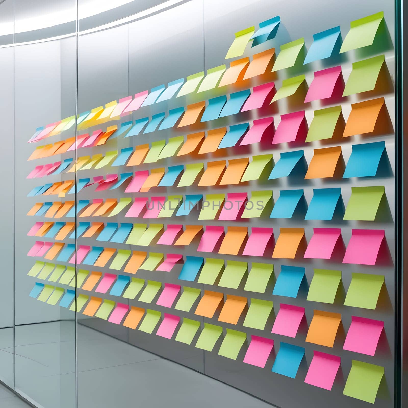 Glass wall full of colorful sticky notes in modern office. creativity, organization, brainstorming, agile, scrum business concept