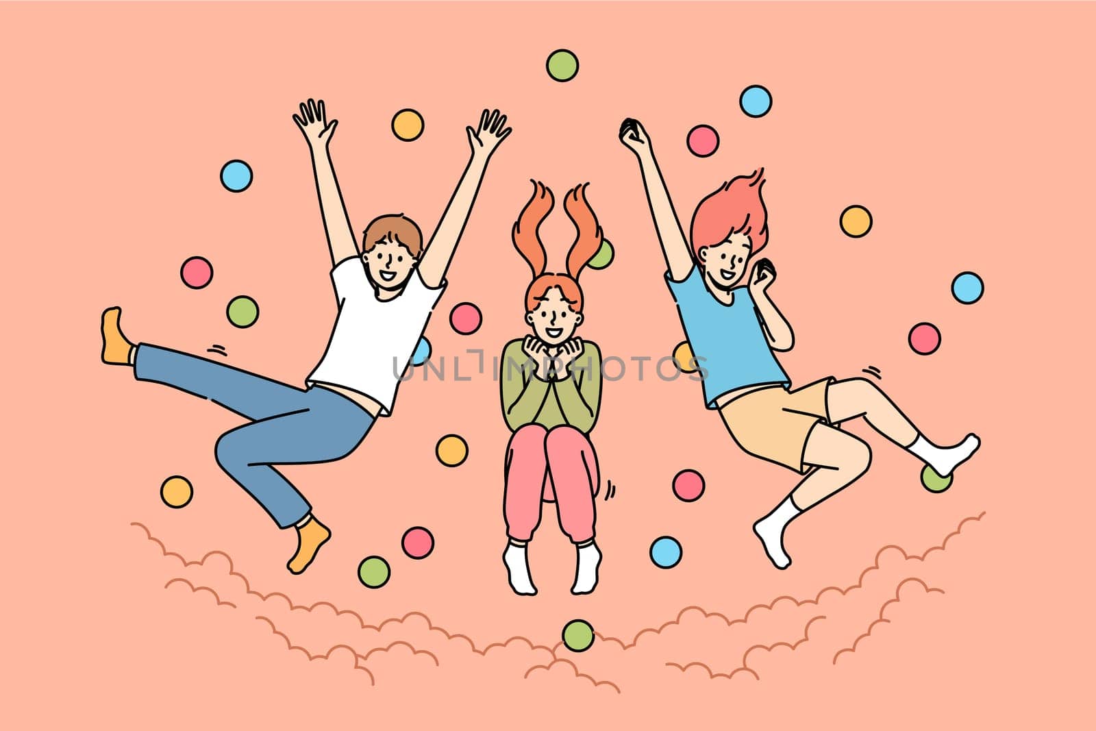Children jump in pool with balls, laughing and enjoying opportunity to frolic with friends from primary school. Pool with balls in amusement park with little boys and girls diving from great height