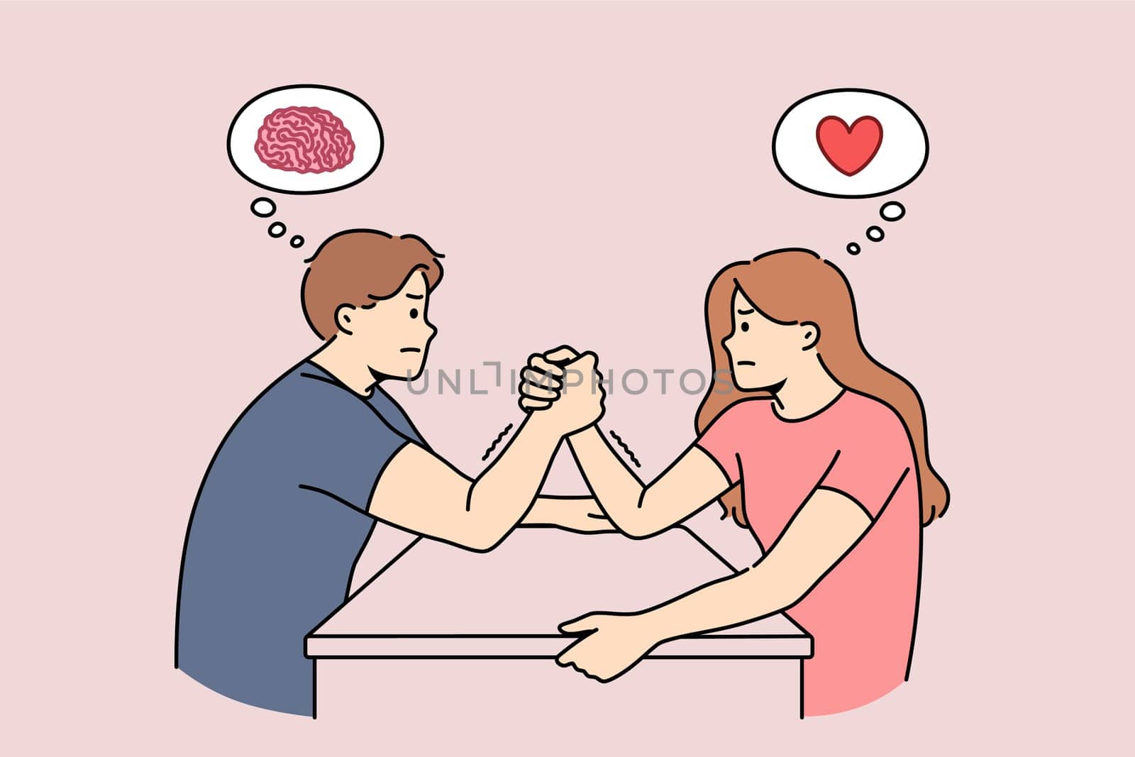Gender conflict between man and woman engaged in arm wrestling, and thinking with heart or brain. Difference rational and emotional ways of thinking causes gender conflict in couple