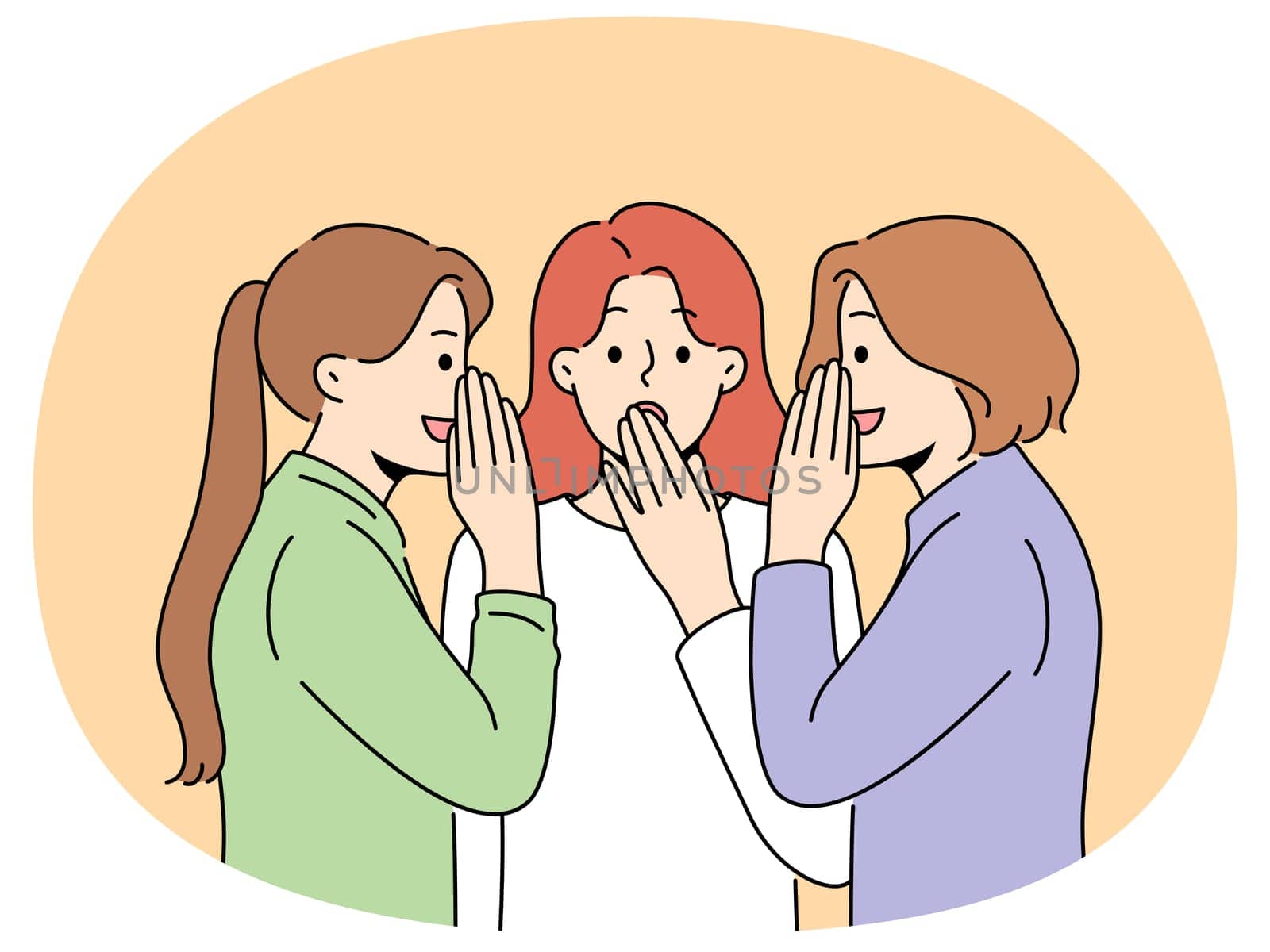 Three women gossip and discuss latest news, sharing secrets or deepest desires with girlfriends. Girls spread rumors and gossip with colleagues at work, feeling surprised by information they heard.