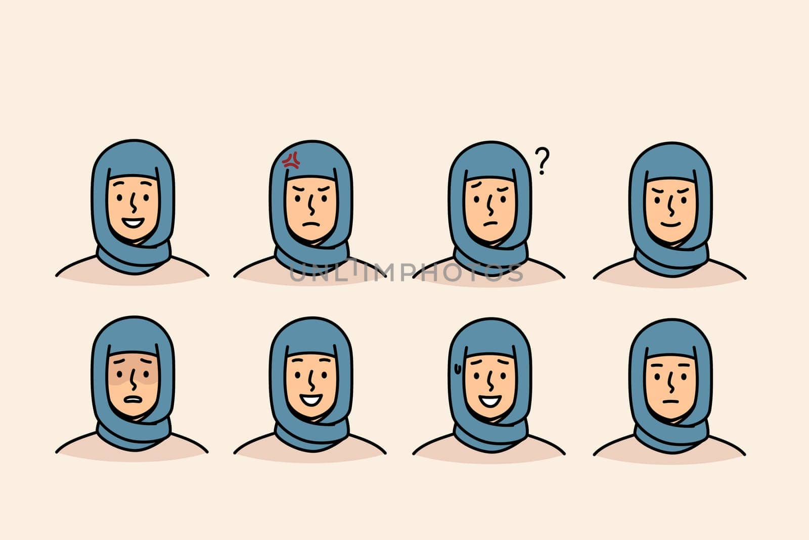 Woman in hijab demonstrates different emotions and moods by making happy or sad grimace. Set of girls in islamic headscarf with various emotions caused by positive or negative thinking