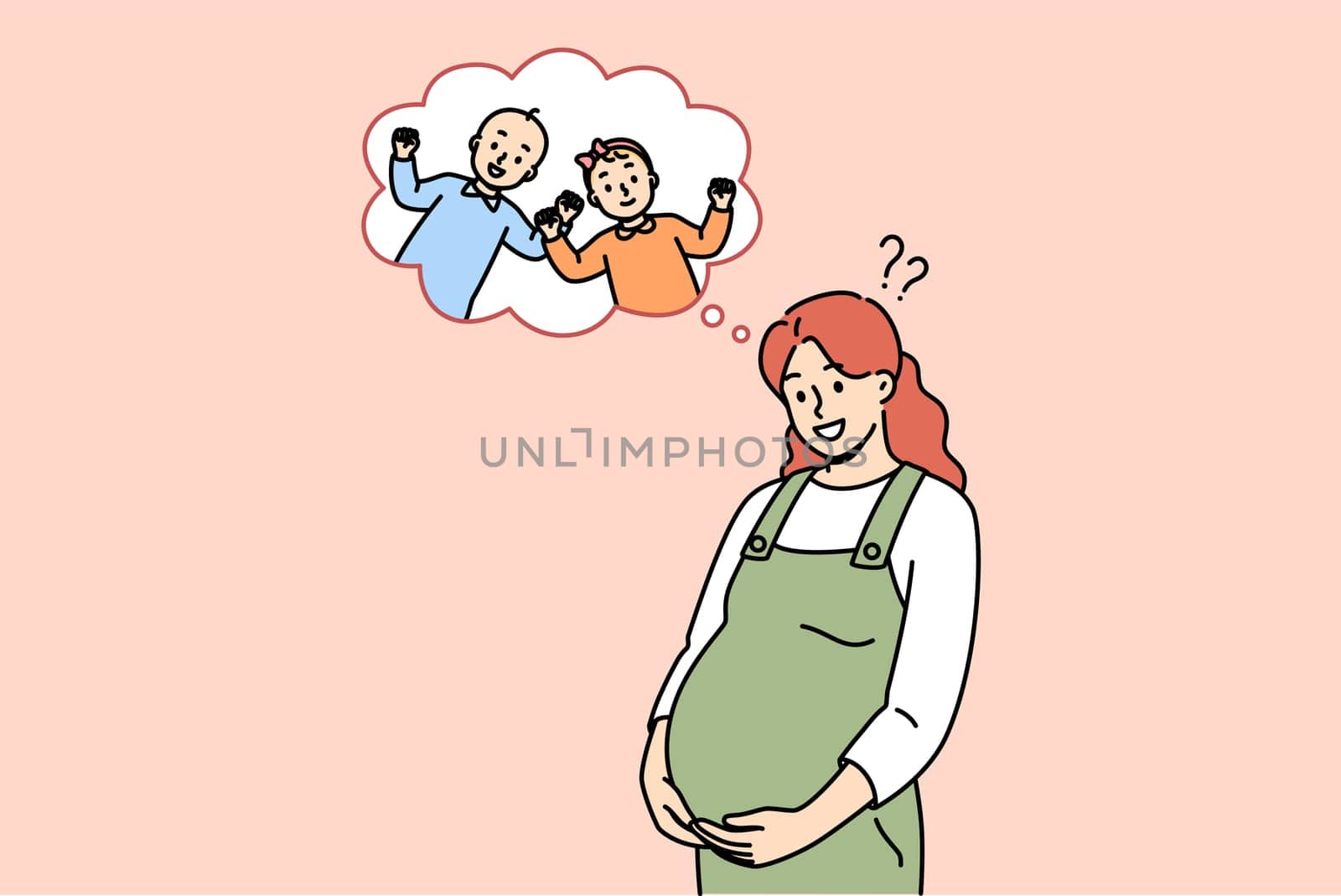 Pregnant mother is waiting for birth of twins from boy and girl, and smiles holding tummy. Cheerful pregnant lady dreams of future boy or girl, thinking about gender of unborn child