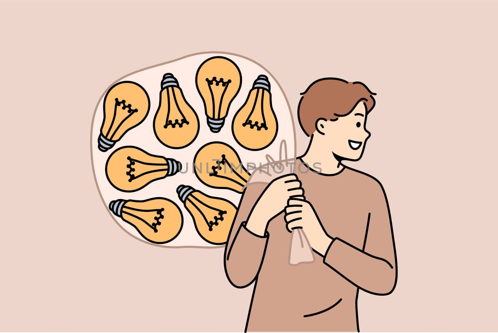 Talented man with lot of ideas in imaginary bag goes to investors for investment for startup. Light bulbs behind happy guy symbolize ideas and innovations awaiting testing and launch.