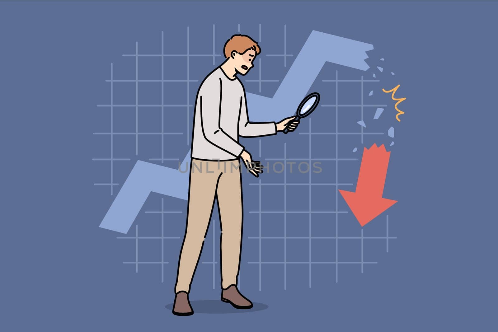Collapse stock market is seen by man invested money, standing near collapsing financial chart. Crisis in stock market and sharp stop in growth or beginning of decline in prices for stocks and bonds