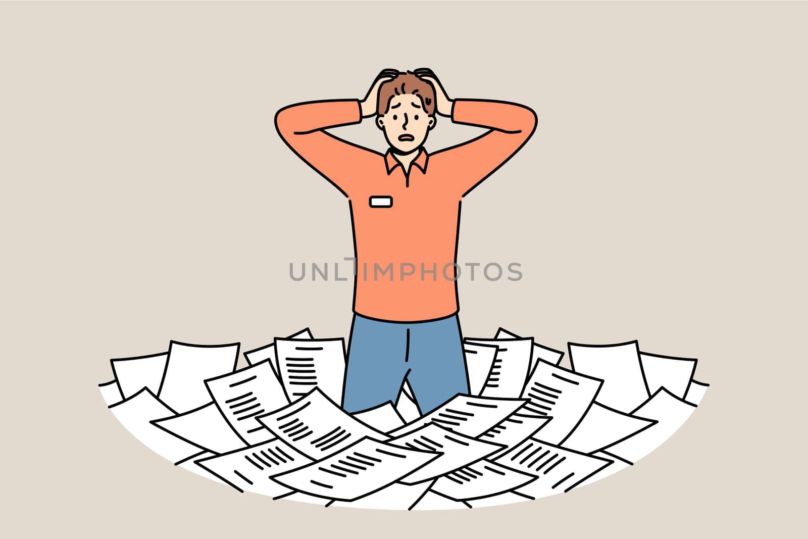 Paperwork and bureaucracy frighten man standing among pile of paper documents and clutching head. Problem of overabundance of paperwork for puzzled clerk or civil service employee.