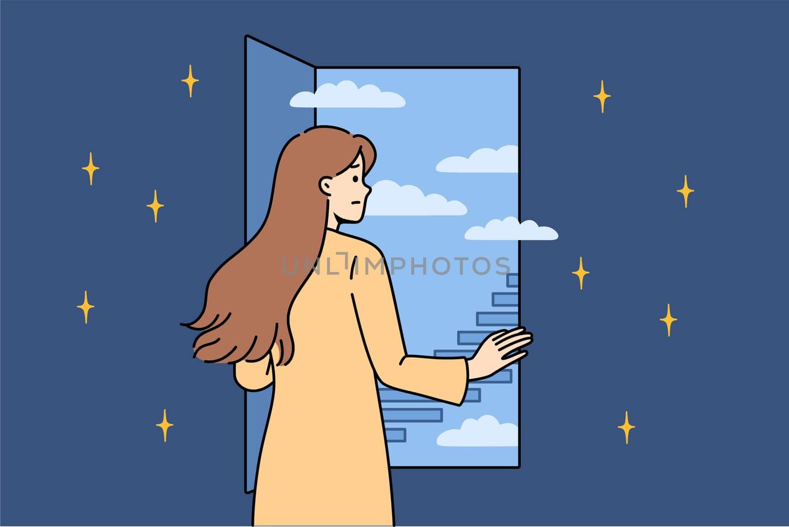 Woman experiences fear of future seeing at bright staircase in sky and is afraid to come out of darkness. Indecisive young girl needs ambition and motivation to overcome fear of future.