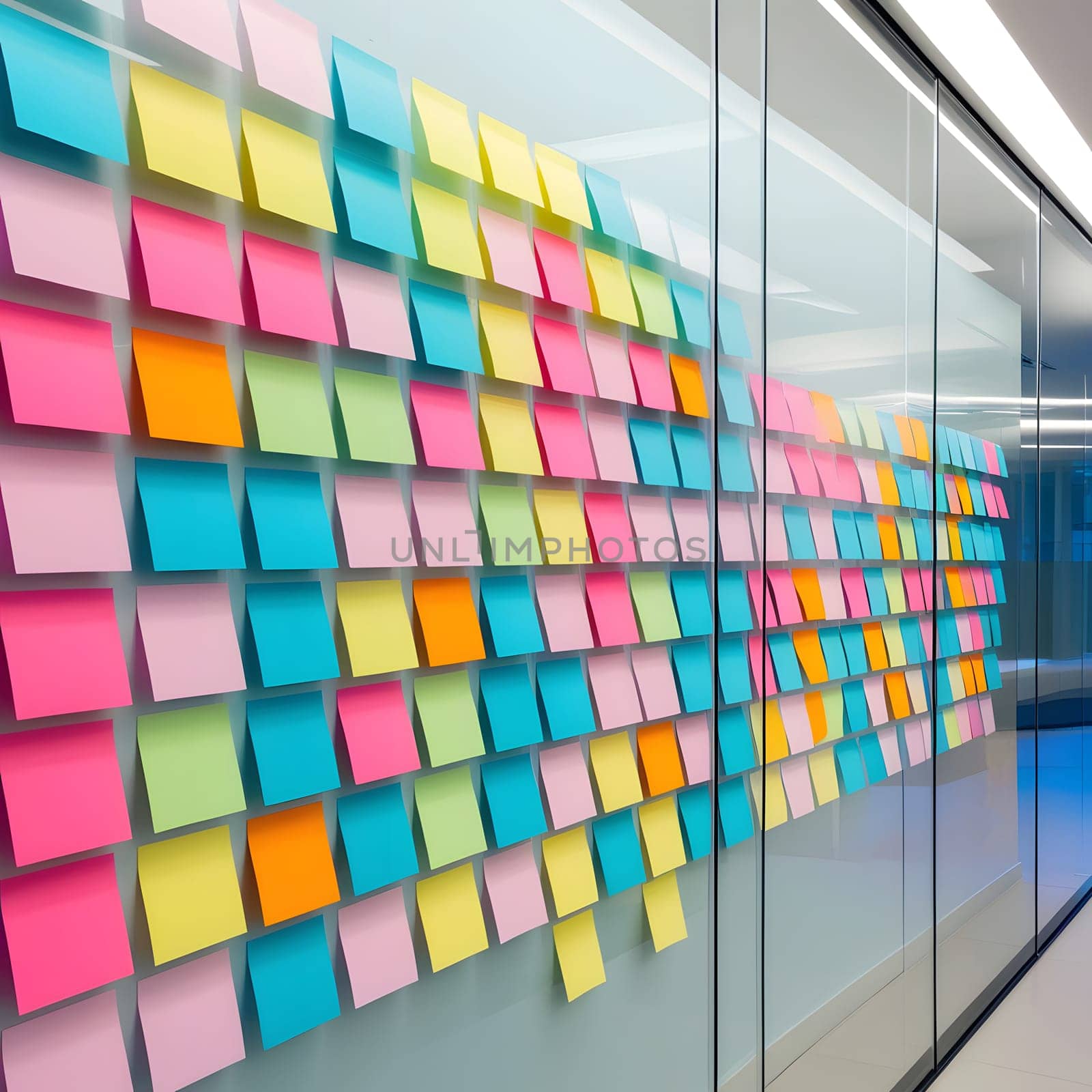Glass wall full of colorful sticky notes in modern office. creativity, organization, brainstorming, agile, scrum business concept