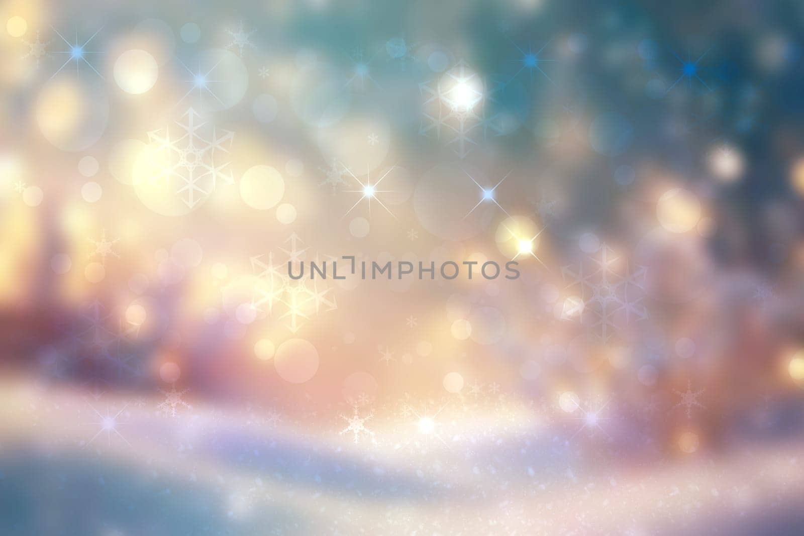 Abstract blurred festive evening winter Christmas background with shiny golden and yellow white bokeh illuminated snowy landscape with stars and blue sky.