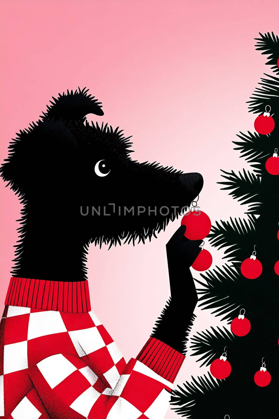 A cheerful dog dressed in a festive red sweater carefully hangs a red ornament on a Christmas tree amid a pink backdrop.