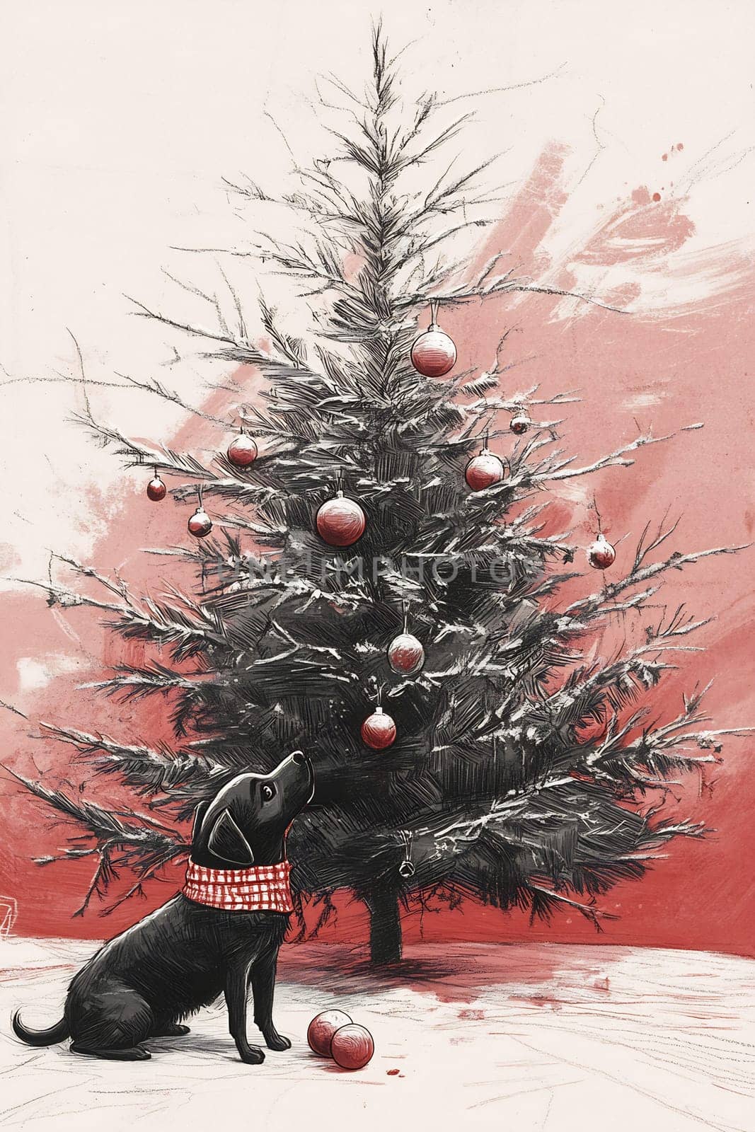 A black dog wearing a festive scarf admires the colorful ornaments on a beautifully decorated Christmas tree.