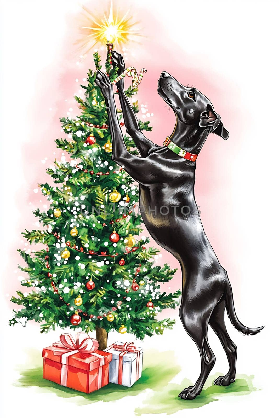A playful black dog reaches up to place a star atop a beautifully decorated Christmas tree surrounded by wrapped gifts.