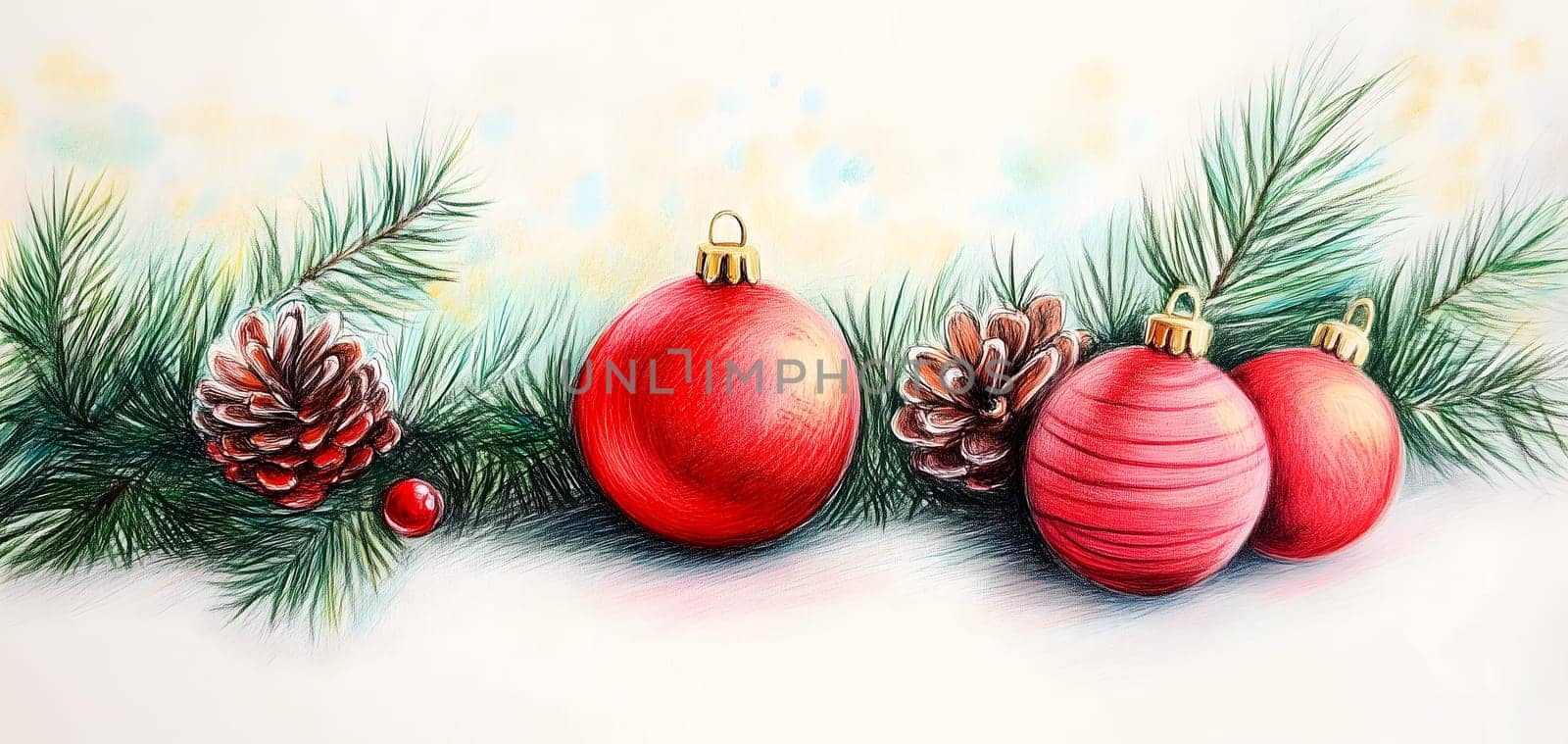 Festive Christmas decorations featuring pine branches and red and gold ornaments.seasonal holidays