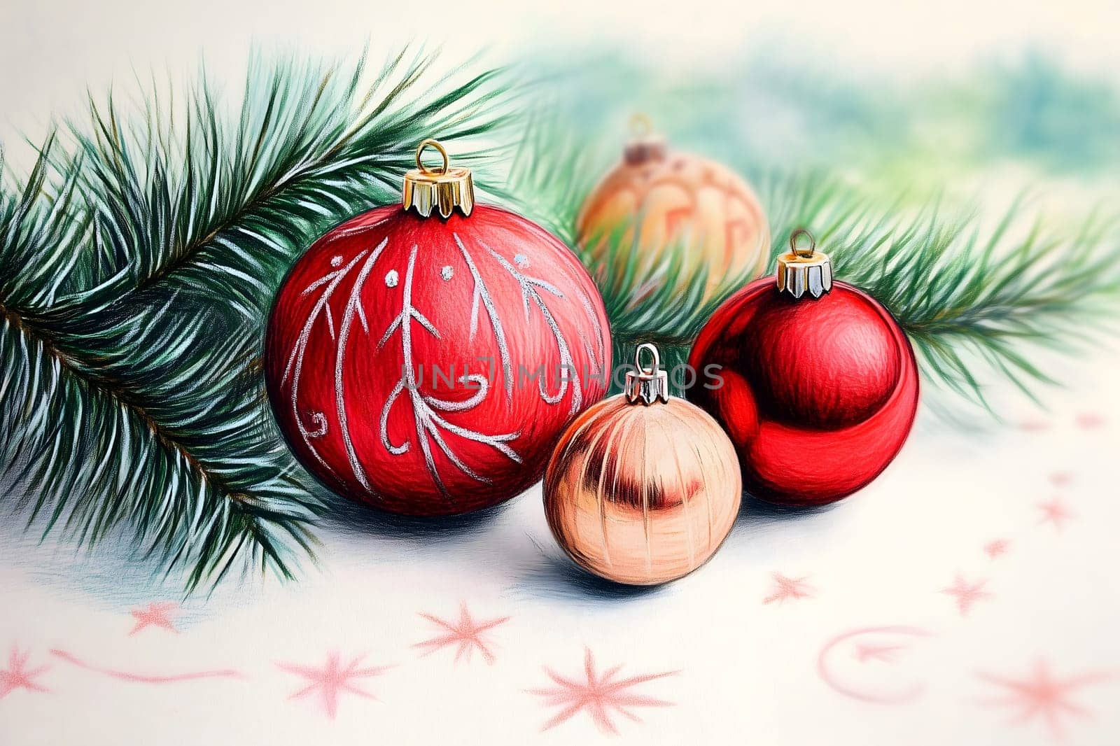 Festive Christmas decorations featuring pine branches and red and gold ornaments.seasonal holidays
