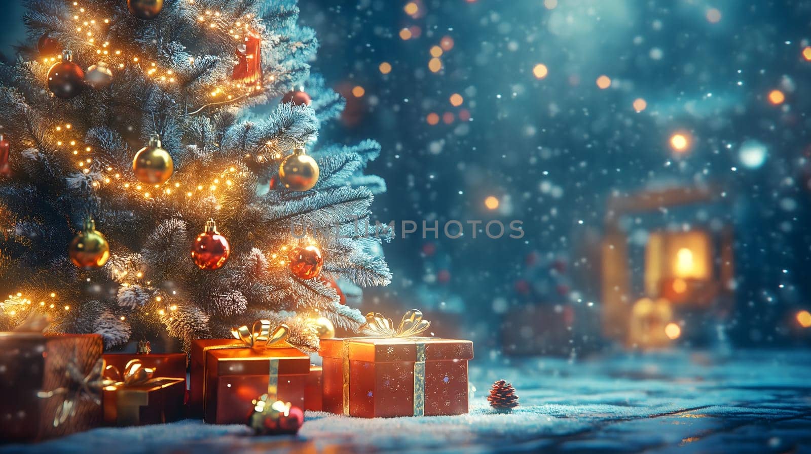 Idyllic Christmas or New Years scene with festive tree, lights, presents in magical setting with snowfall - seasonal