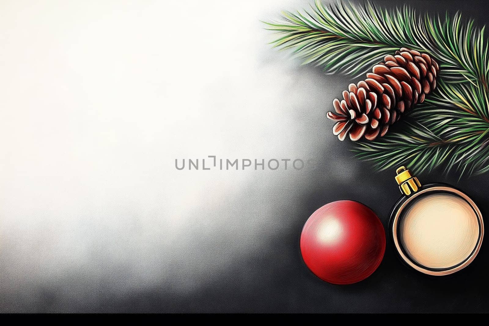 Festive Christmas decorations featuring pine branches and red and gold ornaments.seasonal holidays