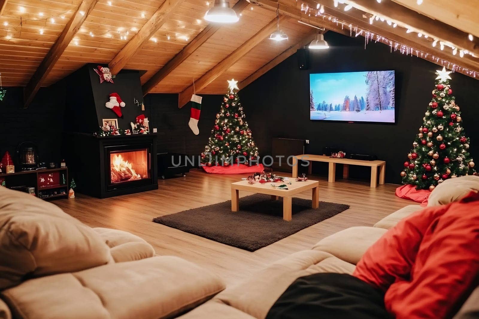 This festive living room features two decorated Christmas trees and a glowing fireplace, creating a warm atmosphere for winter celebrations.