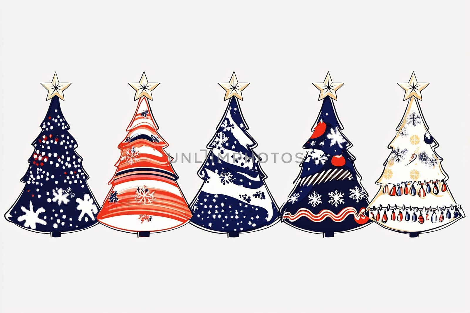 Five distinctive Christmas trees display vibrant colors and designs, perfect for adding joy to holiday festivities and decorations.