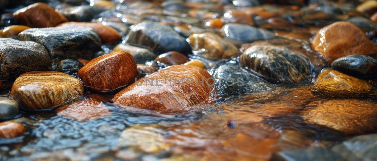 Colors of smooth river stones shine as water gently flows over them creating a serene natural setting.