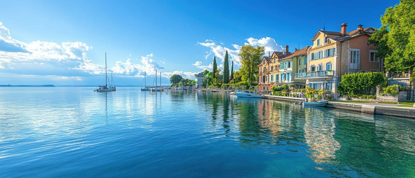 Charming lakeside residences reflect in the tranquil water on a sunny day with boats anchored along the serene shoreline.