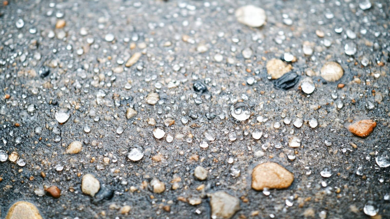 Tiny raindrops gather on the ground highlighting various stones after a recent rain shower. The wet surface glistens in the light.