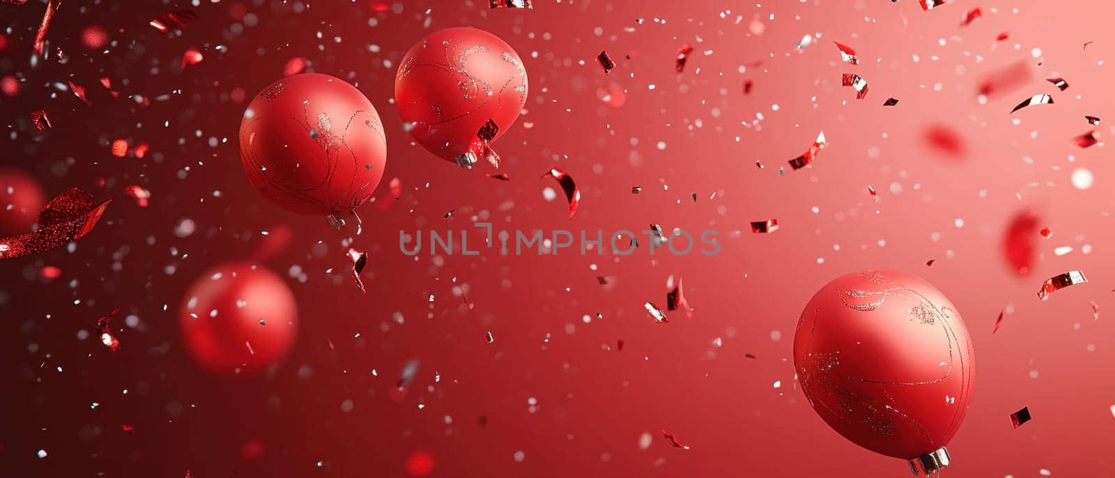 Four vibrant red balloons float amidst a shower of shiny confetti creating a joyful atmosphere for a festive occasion.