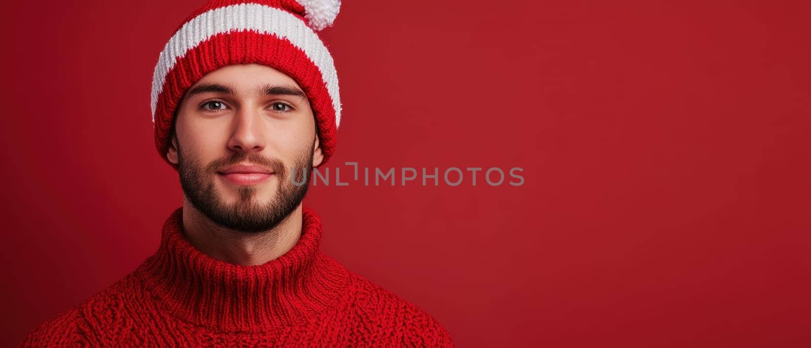 A young man stands against a solid red background smiling while wearing a cozy red sweater and a striped festive hat exuding a cheerful vibe.