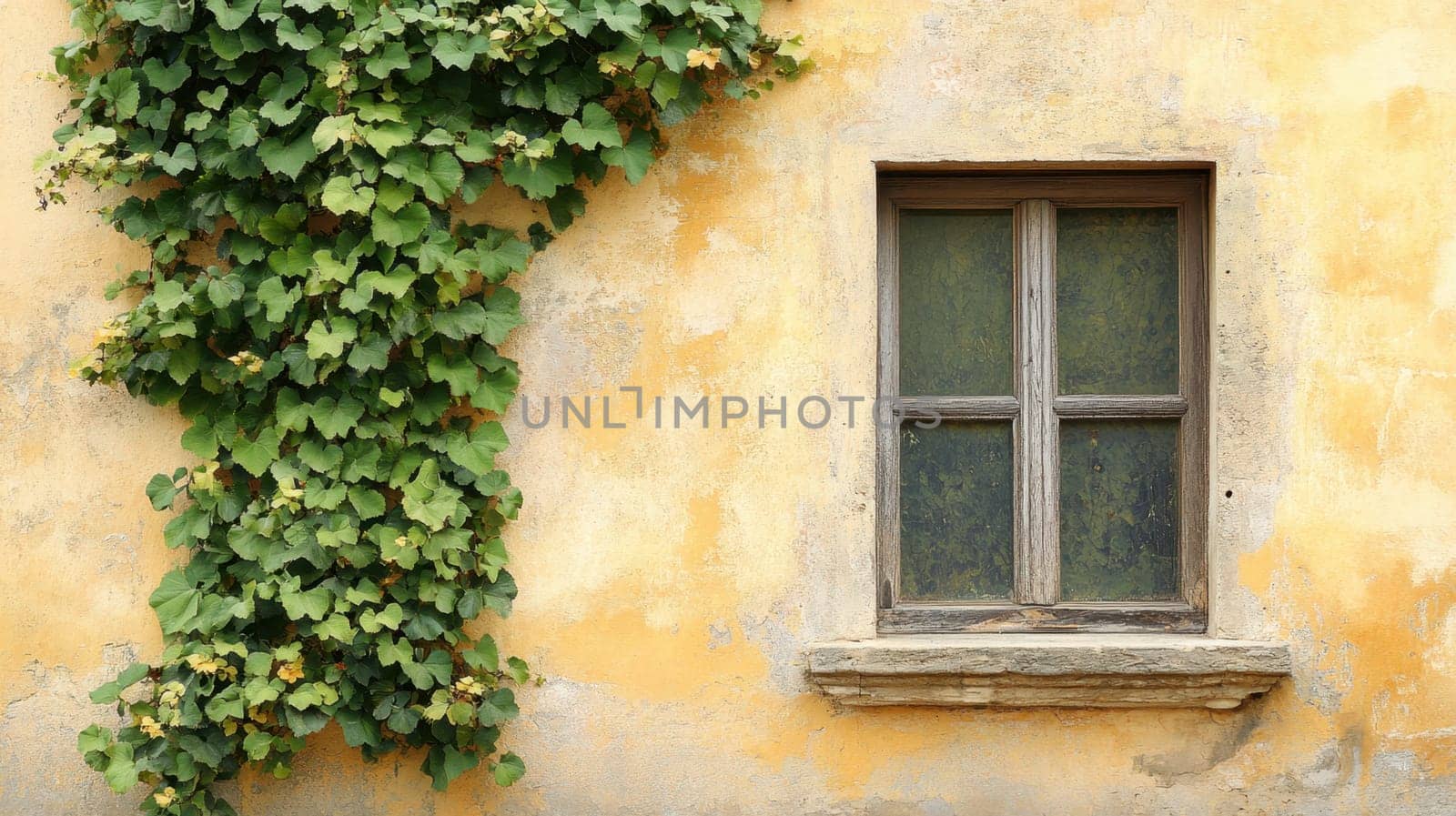 A weathered window framed by lush green vines decorates a rustic yellow wall creating a charming and inviting atmosphere.
