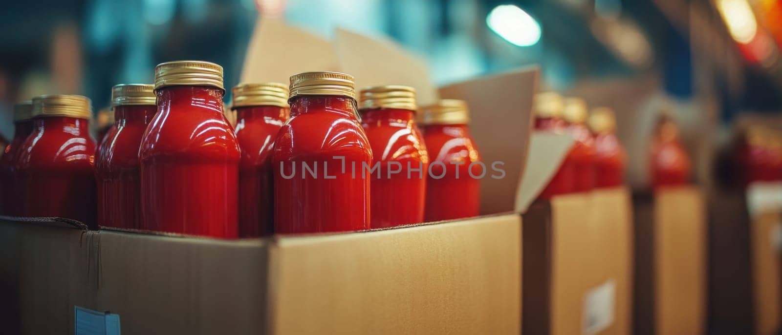 Various bottles filled with red sauce are neatly arranged in cardboard boxes at a production facility during the day.