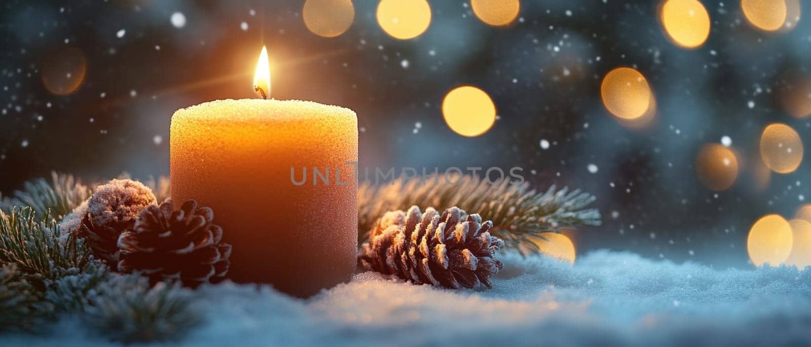 A softly glowing candle is surrounded by pine cones and snow evoking a peaceful winter atmosphere with softly falling snowflakes.