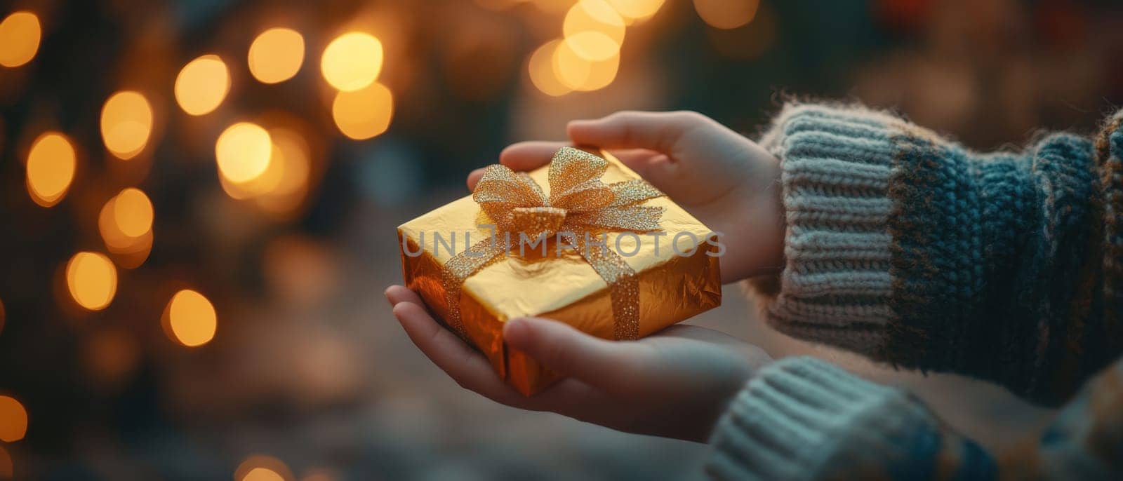 A person delicately holds a shiny golden gift box surrounded by festive lights that create a warm joyful atmosphere perfect for the holidays.