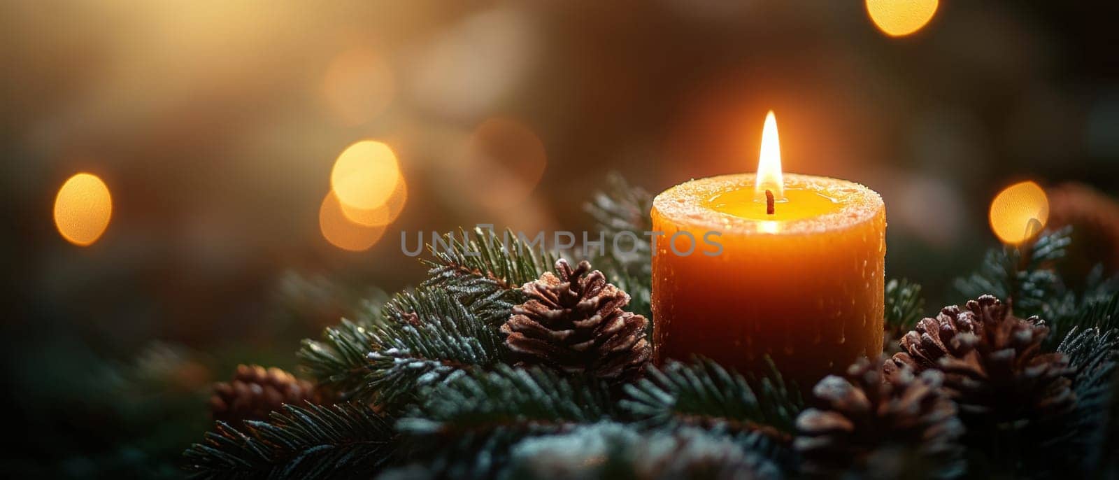 A warm candle flickers softly nestled among lush pine branches and decorative cones creating a cozy ambiance during the winter season.
