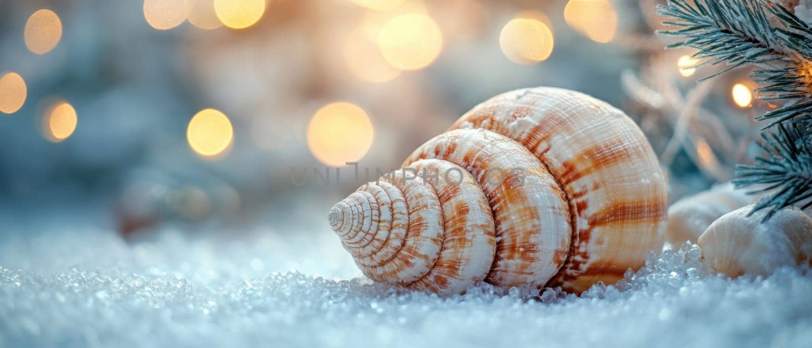A beautifully patterned seashell lies on a snowy surface surrounded by soft glowing holiday lights that create a warm atmosphere.