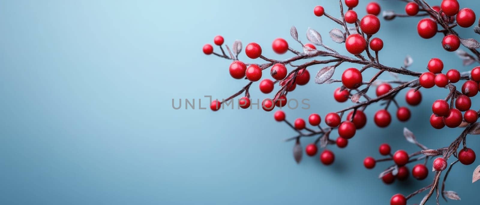 A branch adorned with vibrant red berries contrasts beautifully against a soft blue background capturing the essence of autumn.