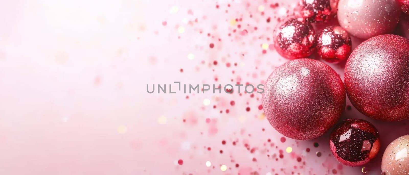 Colorful pink ornaments scattered with glitter create a joyful holiday atmosphere perfect for decoration and celebration.