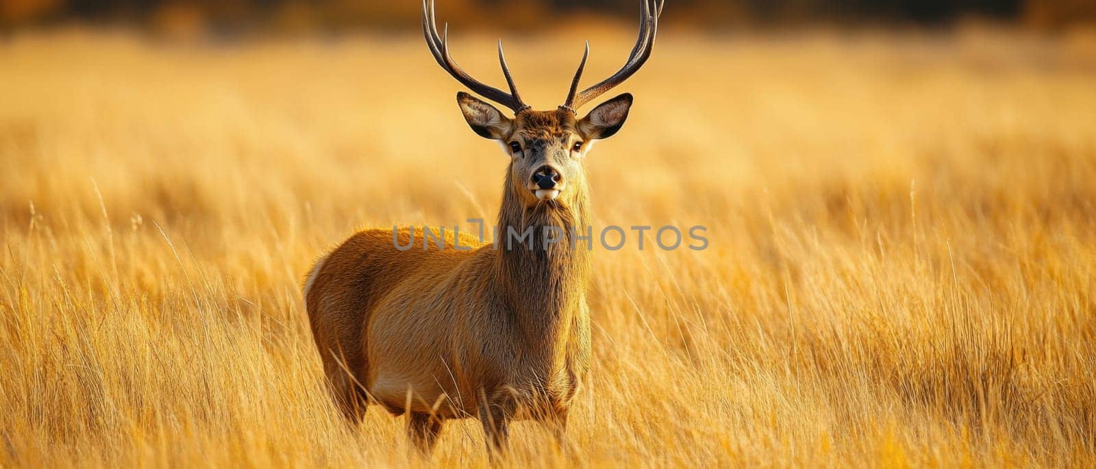 A stunning stag with impressive antlers gazes through tall golden grass on a serene autumn day embodying the beauty of nature.