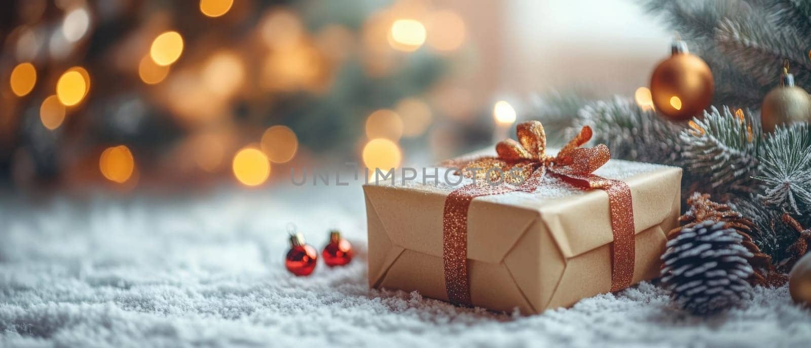 A beautifully wrapped gold gift with a ribbon sits on a snowy carpet beside a decorated Christmas tree and shimmering lights.