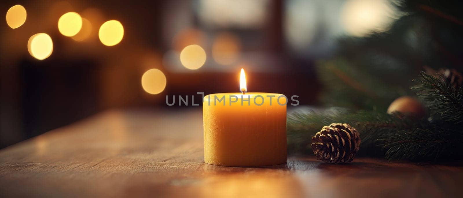 A glowing candle on a wooden table surrounded by pinecones and a warm holiday atmosphere creating a cozy ambiance for celebration.